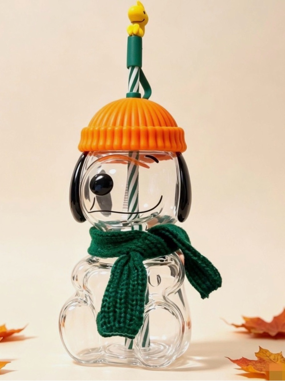 Starbucks Glass Snoopy Bottle with Orange Beanie, Green Scarf & Woodstock Topper